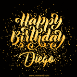 Animated GIF with colorful, festive 'Happy Birthday Diego' text decorated with patterns, a party hat, and falling confetti. A vibrant and cheerful design for birthday celebrations.