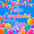 A vibrant animated GIF with 'Feliz Cumpleaños Diego' written in colorful script, surrounded by balloons, confetti, and bunting on a bright blue background.