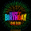 A colorful animated GIF featuring the text 'Happy Birthday Diego!' in rainbow colors with a dynamic iridescent firework display in the background.