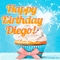 A cheerful animated GIF of a cupcake with creamy frosting, a red checkered ribbon, and a bright sparkler on top. The text 'Happy Birthday Diego!' is displayed in vibrant orange and red.
