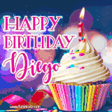 A festive animated GIF featuring a colorful cupcake with a single lit candle, sprinkles, and 'Happy Birthday Diego' text against a sparkling, celebratory background.