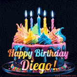 A vibrant animated GIF featuring a colorful rotating birthday cake with bright frosting swirls, glowing candles, and the text 'Happy Birthday Diego!' in rainbow colors.