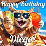 A cheerful cat wearing sunglasses, enjoying drinks on a sunny beach chair, with the text 'Happy Birthday Diego!' in bright letters.