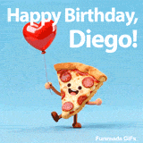A smiling slice of pizza holding a red balloon for Diego's birthday celebration