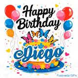 A colorful cake topped with pink, orange, blue, and yellow butterflies, designed as a birthday GIF for Diego.