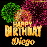 A captivating GIF with bursts of green, pink, and orange fireworks lighting up the night sky, accompanied by 'Happy Birthday Diego' in glowing golden text.