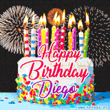 A lively happy birthday animated GIF showcasing a colorful birthday cake covered in sprinkles, topped with glowing candles, and surrounded by vibrant fireworks. The name 'Diego' is featured in elegant script.