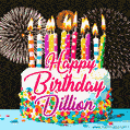 Amazing Animated GIF Image for Dillion with Birthday Cake and Fireworks