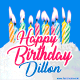 A cheerful animated GIF featuring colorful lit birthday candles on a white cake, with the text 'Happy Birthday Dillon' in bold red and blue script on a bright blue background.