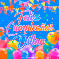 A vibrant animated GIF with 'Feliz Cumpleaños Dillon' written in colorful script, surrounded by balloons, confetti, and bunting on a bright blue background.