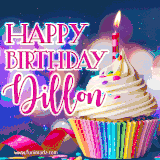A festive animated GIF featuring a colorful cupcake with a single lit candle, sprinkles, and 'Happy Birthday Dillon' text against a sparkling, celebratory background.