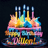 A vibrant animated GIF featuring a colorful rotating birthday cake with bright frosting swirls, glowing candles, and the text 'Happy Birthday Dillon!' in rainbow colors.