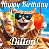 A cheerful cat wearing sunglasses, enjoying drinks on a sunny beach chair, with the text 'Happy Birthday Dillon!' in bright letters.