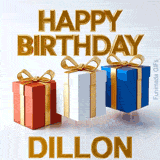 Shiny gold lettering reading Happy Birthday Dillon accompanied by three jumping birthday presents wrapped in colorful paper and golden bows