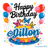 An animated graphic showing a cake decorated with little flowers and topped with butterflies, personalized for Dillon.