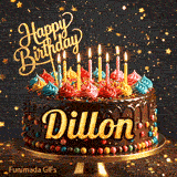 Sparkly birthday GIF of a chocolate frosted cake with burning candles on top and the name Dillon in elegant writing.