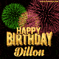 Wishing You A Happy Birthday, Dillon! Best fireworks GIF animated greeting card.