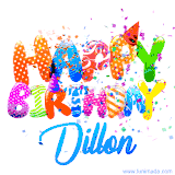 Animated GIF with colorful, festive 'Happy Birthday Dillon' text decorated with patterns, a party hat, and falling confetti. A vibrant and cheerful design for birthday celebrations.