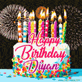 Amazing Animated GIF Image for Diyan with Birthday Cake and Fireworks