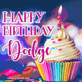 A festive animated GIF featuring a colorful cupcake with a single lit candle, sprinkles, and 'Happy Birthday Dodge' text against a sparkling, celebratory background.