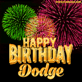 A captivating GIF with bursts of green, pink, and orange fireworks lighting up the night sky, accompanied by 'Happy Birthday Dodge' in glowing golden text.