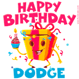 A funny animated birthday GIF with the words 'Happy Birthday Dodgea', colorful gift box with arms and legs, holding a cupcake with a lit candle  with confetti everywhere.
