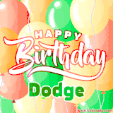 Animated GIF featuring colorful balloons in the background with the cheerful text 'Happy Birthday Dodge'.