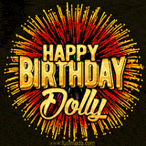 Golden 'Happy Birthday Dolly' text accompanied by animated rainbow fireworks for a festive animated greeting.