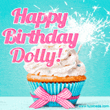 A festive cupcake with pink icing, a gingham bow, and a lit animated sparkler, paired with 'Happy Birthday Dolly!' in bright pink text.