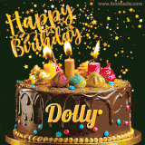 A delightful chocolate birthday cake with bright candles and 'Happy Birthday Dolly' written in gold amidst a shower of animated stars.