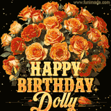 Animated bouquet of orange roses with moving butterfles and golden 'Happy Birthday Dolly' text, surrounded by sparkling accents and a dark backdrop for a luxurious feel.