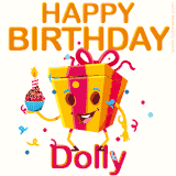 A vibrant and funny gift box character with a happy face dancing with a cupcake and the text 'Happy Birthday Dolly,' surrounded by animated confetti and party vibes.