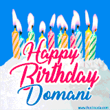 A cheerful animated GIF featuring colorful lit birthday candles on a white cake, with the text 'Happy Birthday Domani' in bold red and blue script on a bright blue background.