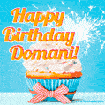 A cheerful animated GIF of a cupcake with creamy frosting, a red checkered ribbon, and a bright sparkler on top. The text 'Happy Birthday Domani!' is displayed in vibrant orange and red.