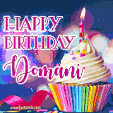A festive animated GIF featuring a colorful cupcake with a single lit candle, sprinkles, and 'Happy Birthday Domani' text against a sparkling, celebratory background.