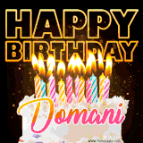 A vibrant animated GIF featuring a delicious birthday cake topped with glowing candles and the name 'Domani' in elegant script, and the words 'Happy Birthday' on the black background.