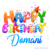Animated GIF with colorful, festive 'Happy Birthday Domani' text decorated with patterns, a party hat, and falling confetti. A vibrant and cheerful design for birthday celebrations.