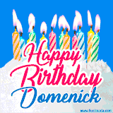 A cheerful animated GIF featuring colorful lit birthday candles on a white cake, with the text 'Happy Birthday Domenick' in bold red and blue script on a bright blue background.