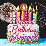 A lively happy birthday animated GIF showcasing a colorful birthday cake covered in sprinkles, topped with glowing candles, and surrounded by vibrant fireworks. The name 'Domenick' is featured in elegant script.