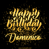 Animated GIF with colorful, festive 'Happy Birthday Domenico' text decorated with patterns, a party hat, and falling confetti. A vibrant and cheerful design for birthday celebrations.