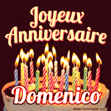 A Happy Birthday GIF in French featuring a festive birthday cake adorned with bright candles and the glowing text 'Joyeux Anniversaire Domenico' in a cheerful style.
