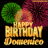 A captivating GIF with bursts of green, pink, and orange fireworks lighting up the night sky, accompanied by 'Happy Birthday Domenico' in glowing golden text.