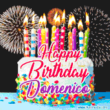 A lively happy birthday animated GIF showcasing a colorful birthday cake covered in sprinkles, topped with glowing candles, and surrounded by vibrant fireworks. The name 'Domenico' is featured in elegant script.