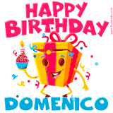 A funny animated birthday GIF with the words 'Happy Birthday Domenicoa', colorful gift box with arms and legs, holding a cupcake with a lit candle  with confetti everywhere.