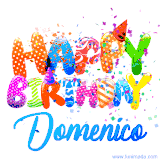 Animated GIF with colorful, festive 'Happy Birthday Domenico' text decorated with patterns, a party hat, and falling confetti. A vibrant and cheerful design for birthday celebrations.
