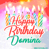 Bright birthday candles with rainbow flames on a cake, alongside the text 'Happy Birthday Domina' in vibrant script in this celebratory animated GIF.