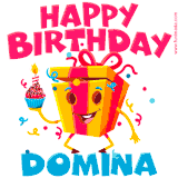 A vibrant and funny gift box character with a happy face dancing with a cupcake and the text 'Happy Birthday Domina,' surrounded by animated confetti and party vibes.