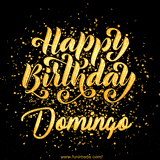 Animated GIF with colorful, festive 'Happy Birthday Domingo' text decorated with patterns, a party hat, and falling confetti. A vibrant and cheerful design for birthday celebrations.
