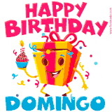 A funny animated birthday GIF with the words 'Happy Birthday Domingoa', colorful gift box with arms and legs, holding a cupcake with a lit candle  with confetti everywhere.