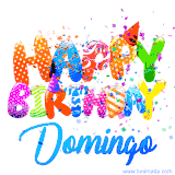 Animated GIF with colorful, festive 'Happy Birthday Domingo' text decorated with patterns, a party hat, and falling confetti. A vibrant and cheerful design for birthday celebrations.
